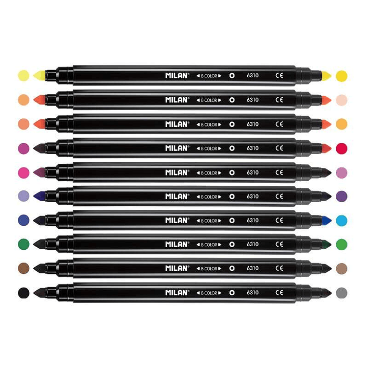 Milan Pack de 10 Rotuladores Bicolor Doble Punta - Punta Conica 5mm - Tinta al Agua - Lavable - Colores Surtidos 1