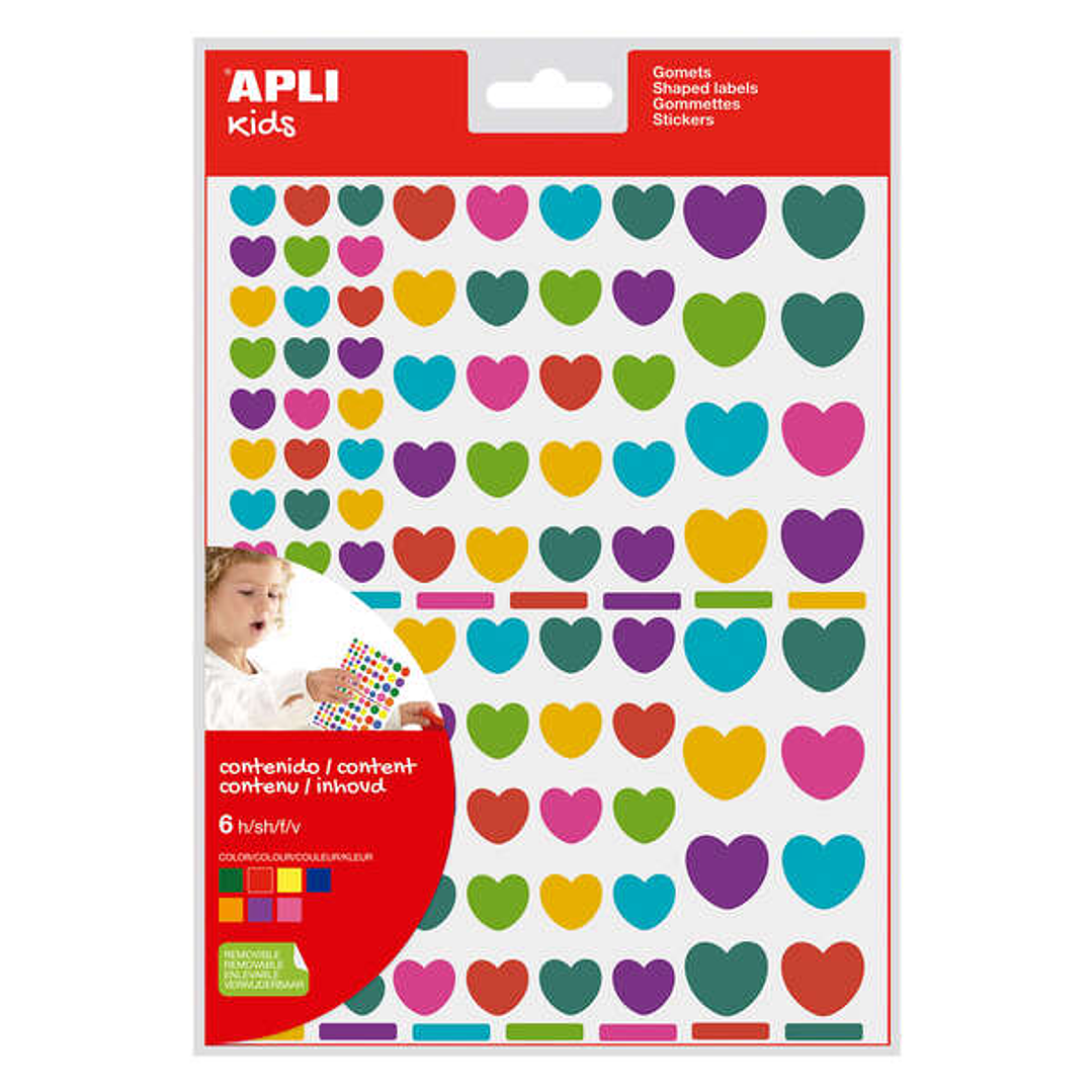 Apli Pack de 624 Gomets con Forma de Corazon Adhesivo Removible - Ideales para Escuelas Infantiles - Desarrollo de Habilidades y Creatividad - Colores 1