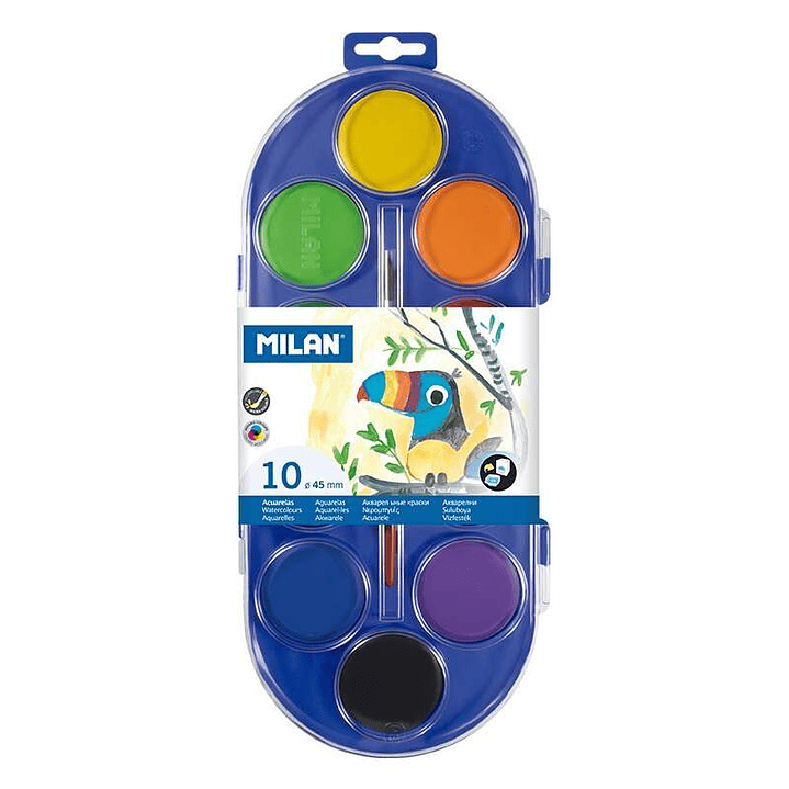 Milan 80009 Estuche de 10 Acuarelas Ø45 mm + Pincel  Serie 101 - Mezclable - Colores Surtidos 1