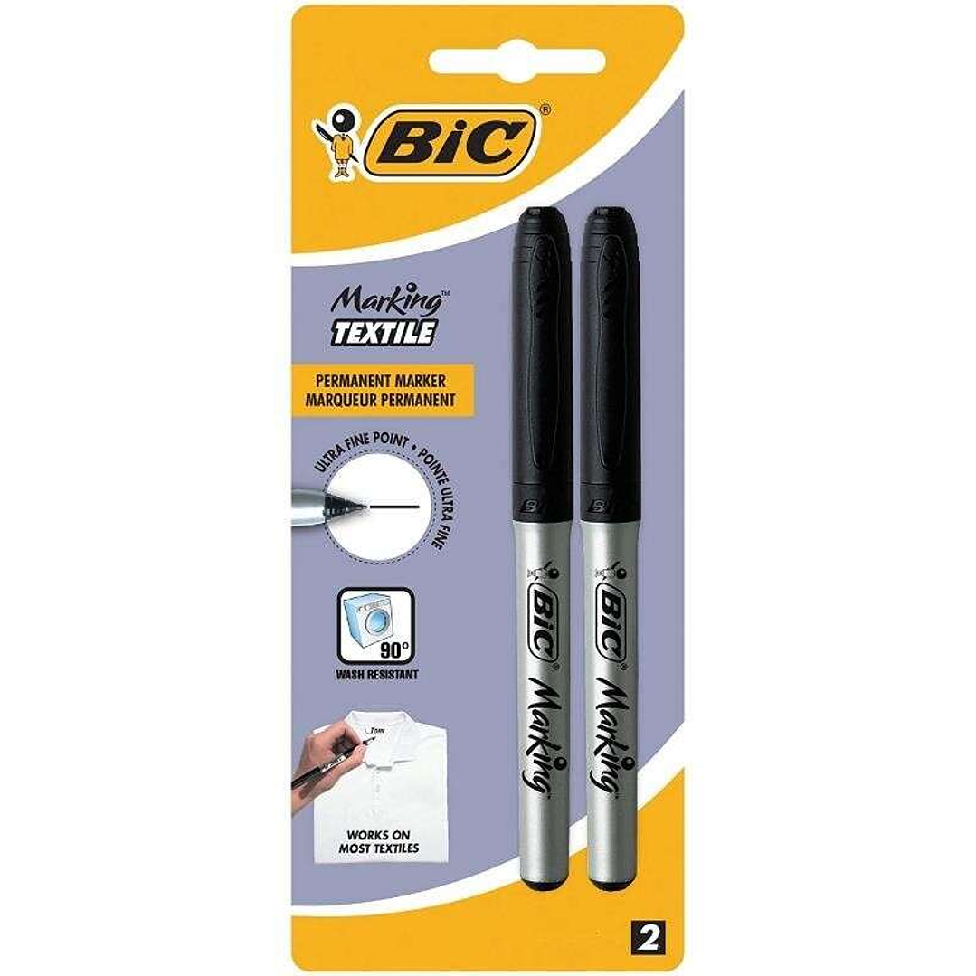 Bic Marking Textile Pack de 2 Rotuladores Permanentes para Ropa - Punta Ultrafina 0.9mm - Lavados hasta 90º - Tinta con Base de Alcohol - Color Negro 1