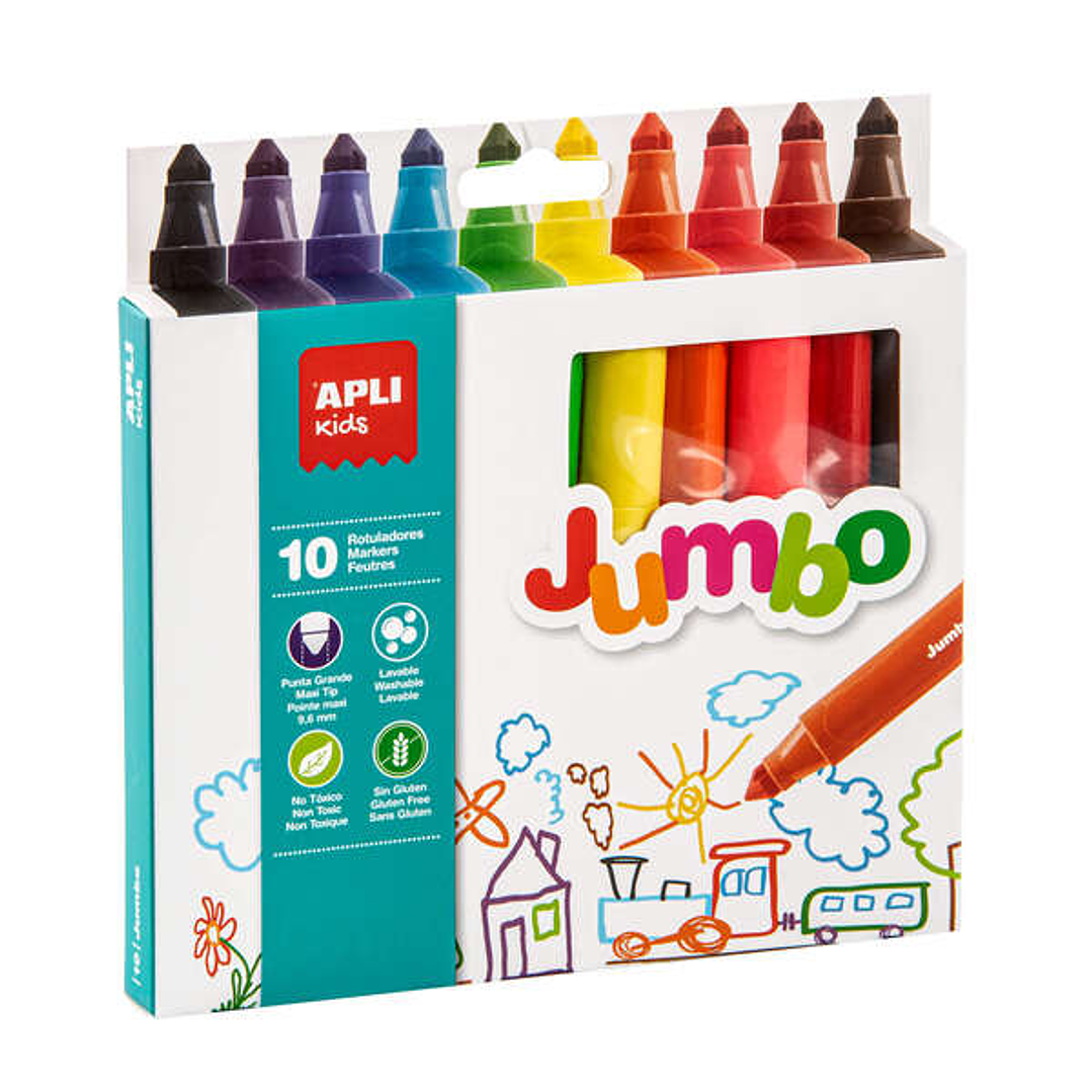 Apli Kids Rotuladores Jumbo Triangulares - Ø 16.7x140 mm - Punta Maxi Bloqueada de Ø 9.6 mm - Colores Surtidos - Lavables y No Toxicos 1