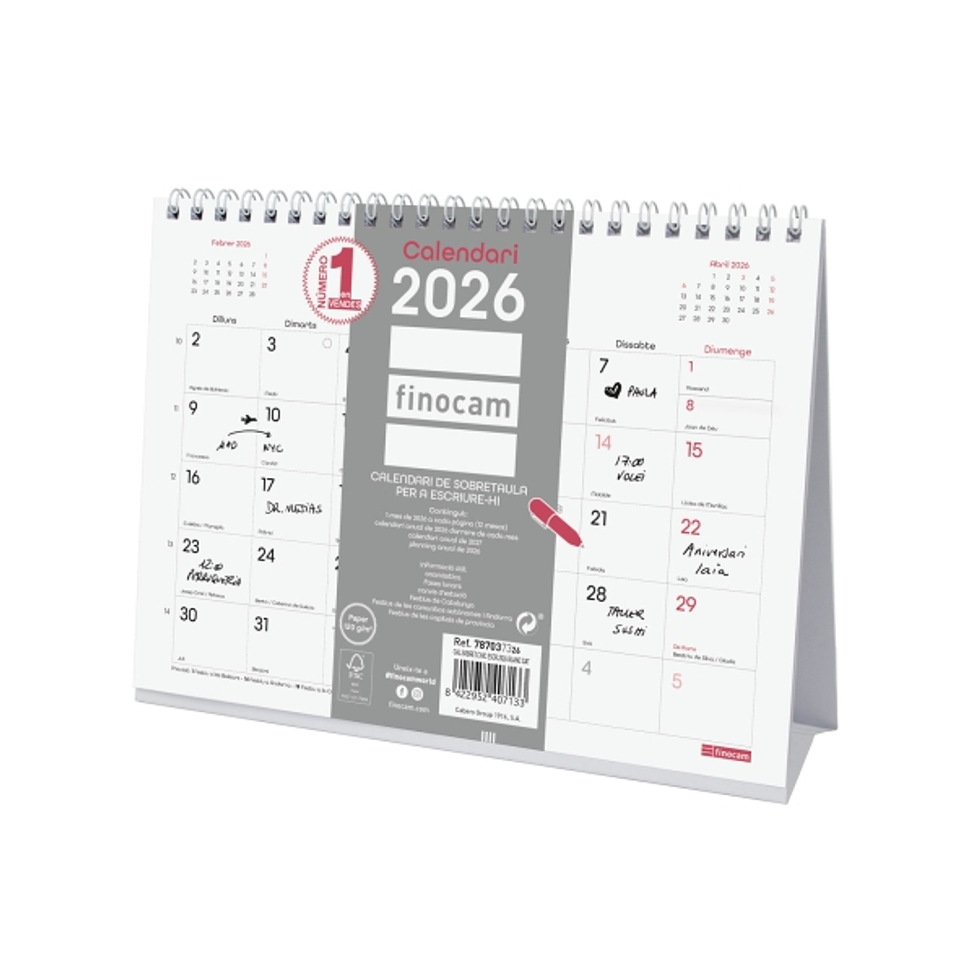 Finocam Chic Calendario de Sobremesa en Catalan - Anual 2026 - 210x70x155mm - Espacio para Escribir - Color Blanco 1