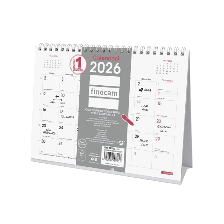 Finocam Chic Calendario de Sobremesa en Catalan - Anual 2026 - 210x70x155mm - Espacio para Escribir - Color Blanco 1