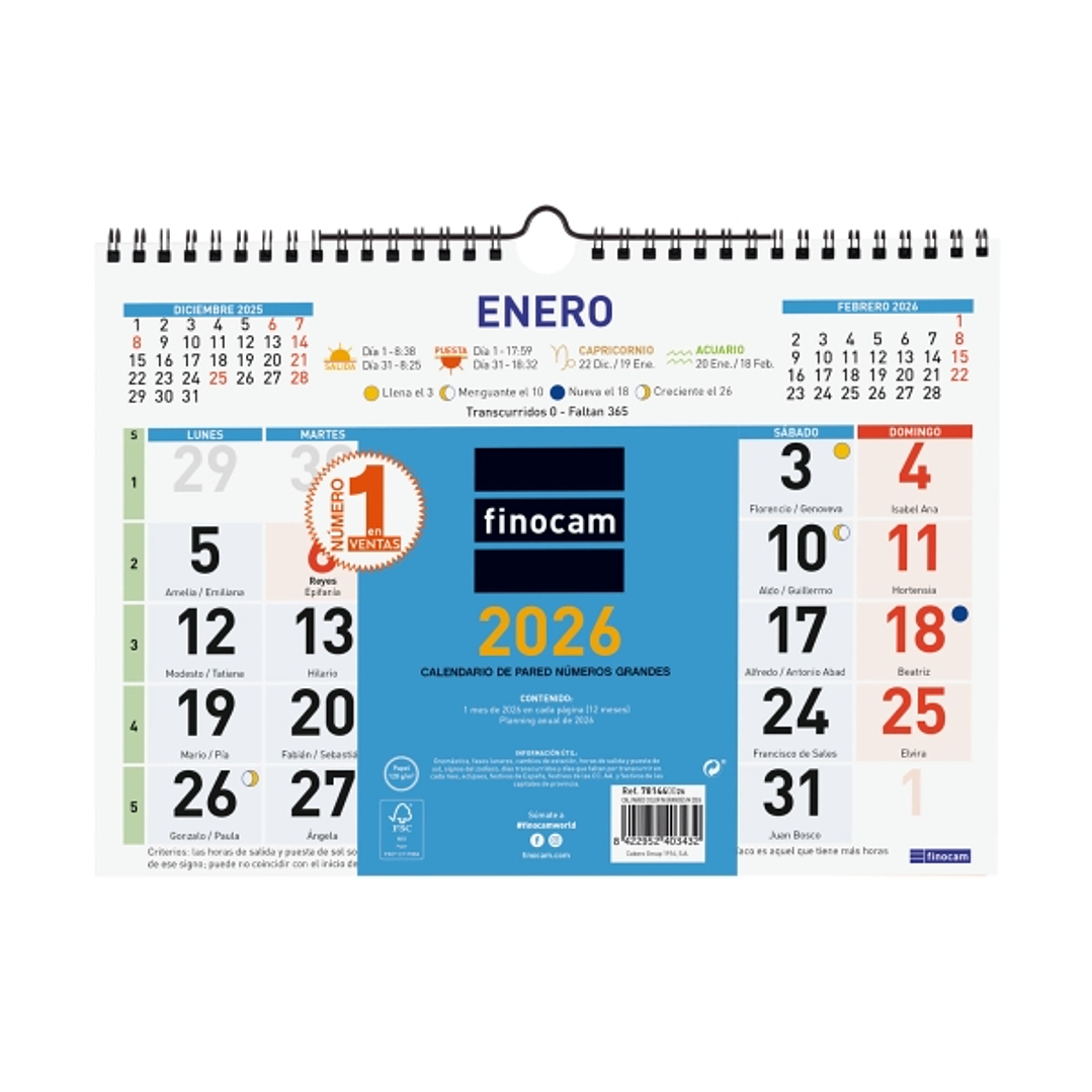 Finocam Calendario de Pared - Anual 2026 - Formato M - 300x10x220mm - Numeros Grandes - Color Azul y Blanco 1