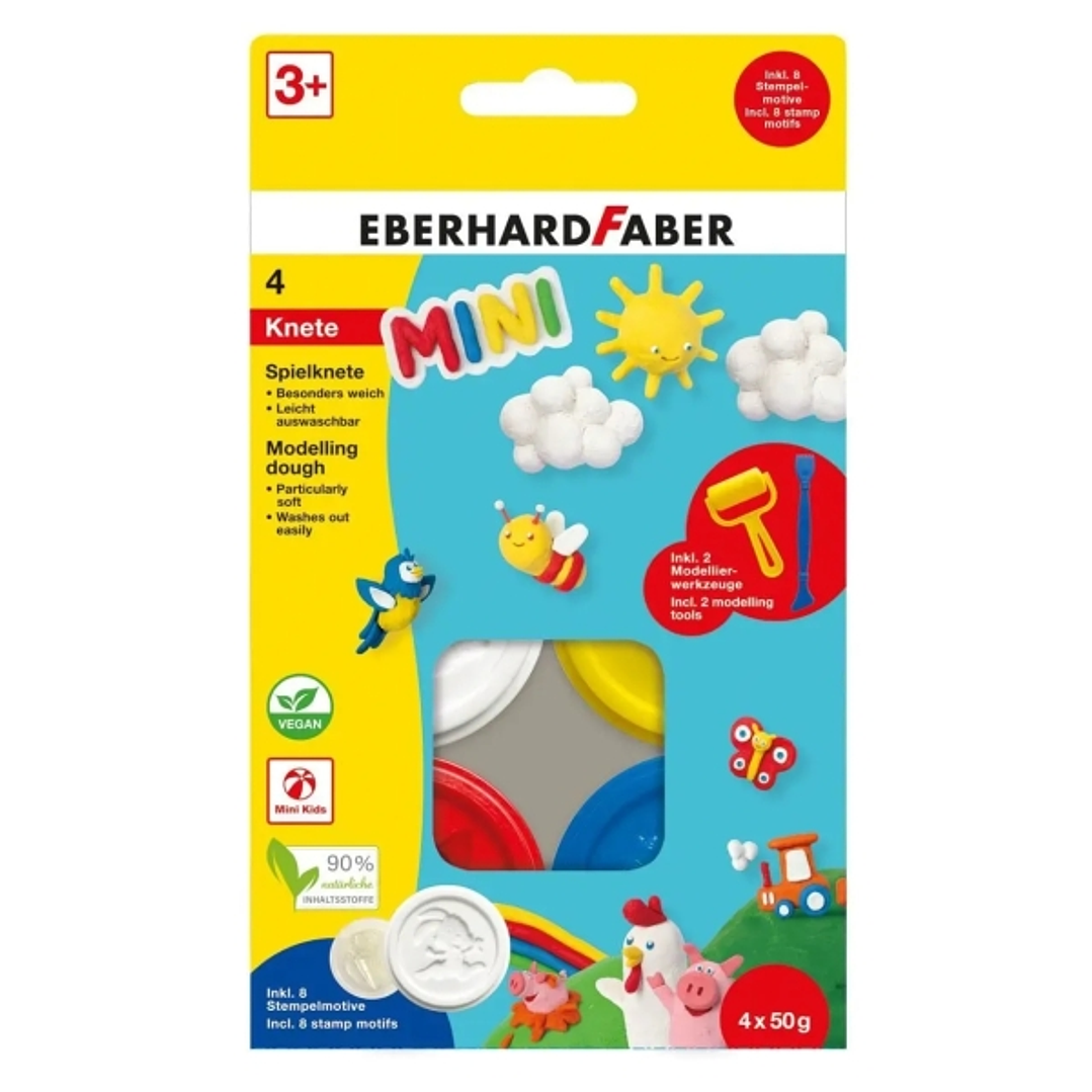 Eberhard Faber Mini Kids Pack con 4 Botes 50gr de Pasta de Modelar + 2 Herramientas - 90% Ingredientes Naturales - Facil de Lavar - Colores Blanco, Am 1