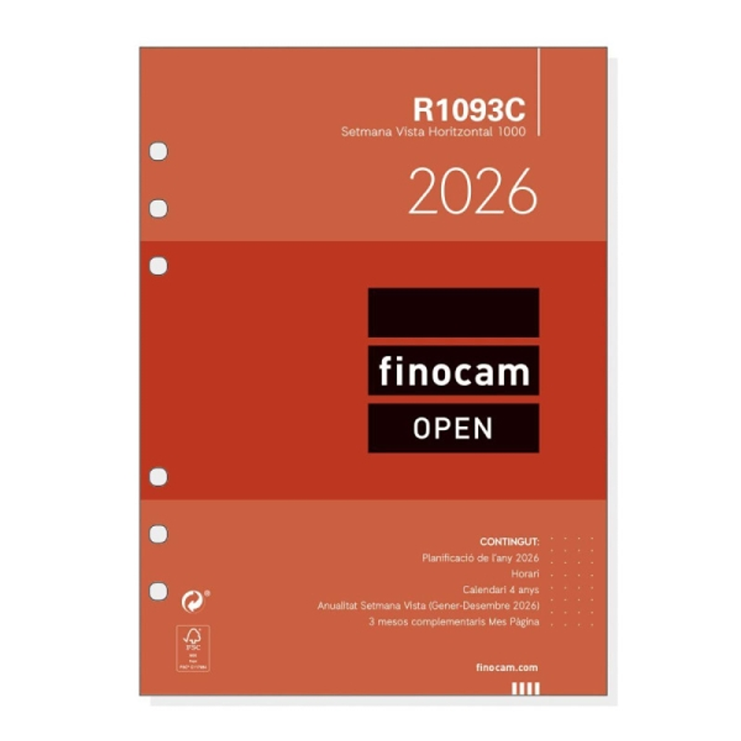 Finocam R1093C Recambio para Agendas Open en Catalan - Anual 2026 - Formato 1000 - 155x6x215mm - Semana Vista Horizontal - Color Blanco 1