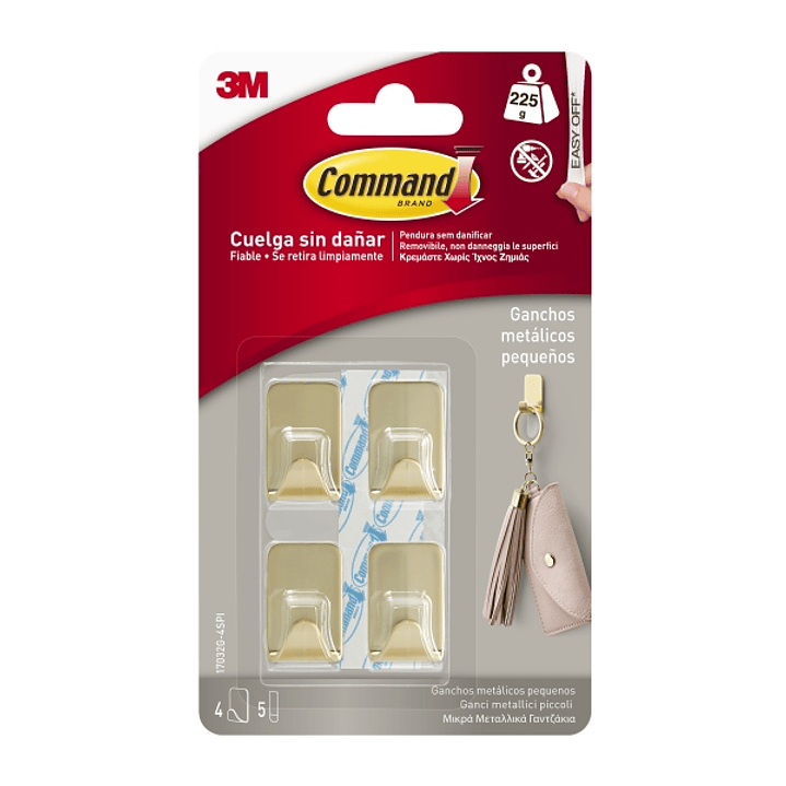 Command Pack de 4 Ganchos Compactos - Metalizado - 5 Tiras Adhesivas - Soporta hasta 225G - Talla S - Color Dorado 1