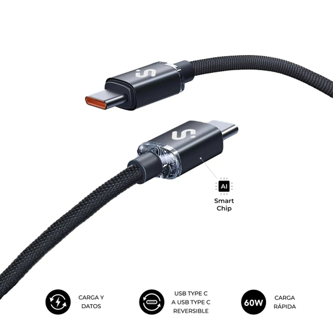 Subblim Cable Optimus USB-C - 60W - Nylon Trenzado - 480Mbps - 1 Metro - Color Negro 1