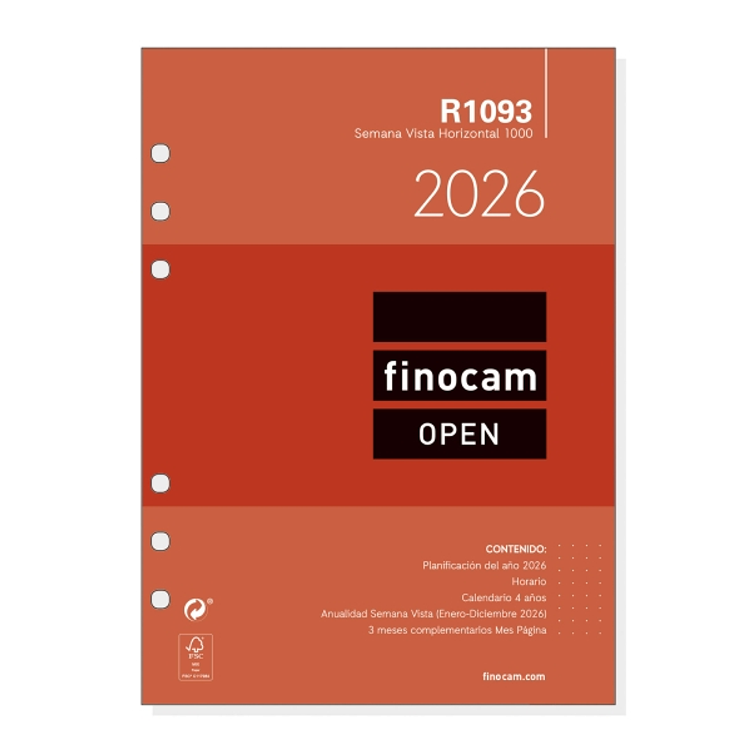 Finocam R1093 Recambio Anual 2026 para Agendas Open 2026 - Formato 1000 - 155x6x215mm - Semana Vista Horizontal - Color Blanco 1