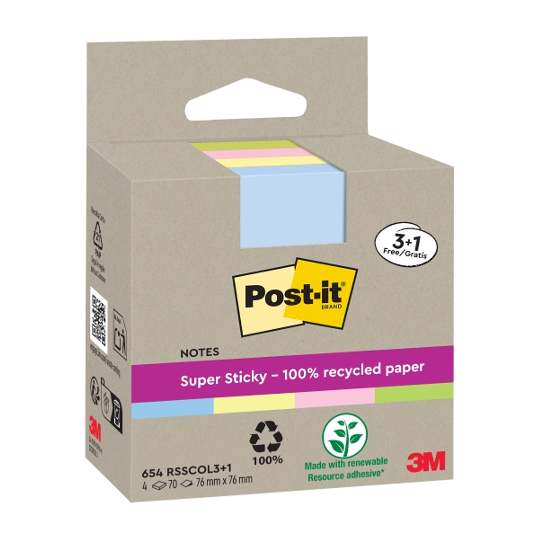 Post-It Super Sticky Pack de 4 Blocs de 70 Notas Adhesivas Recicladas - Forma Cuadrada - 76x76mm - Colores Surtidos 1
