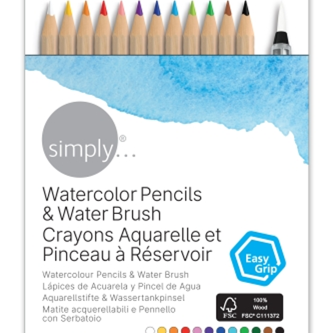 Daler Rowney Simply Pack de 12 Lapices Colores Acuarelables - Incluye Pincel Rellenable - Colores Surtidos 1