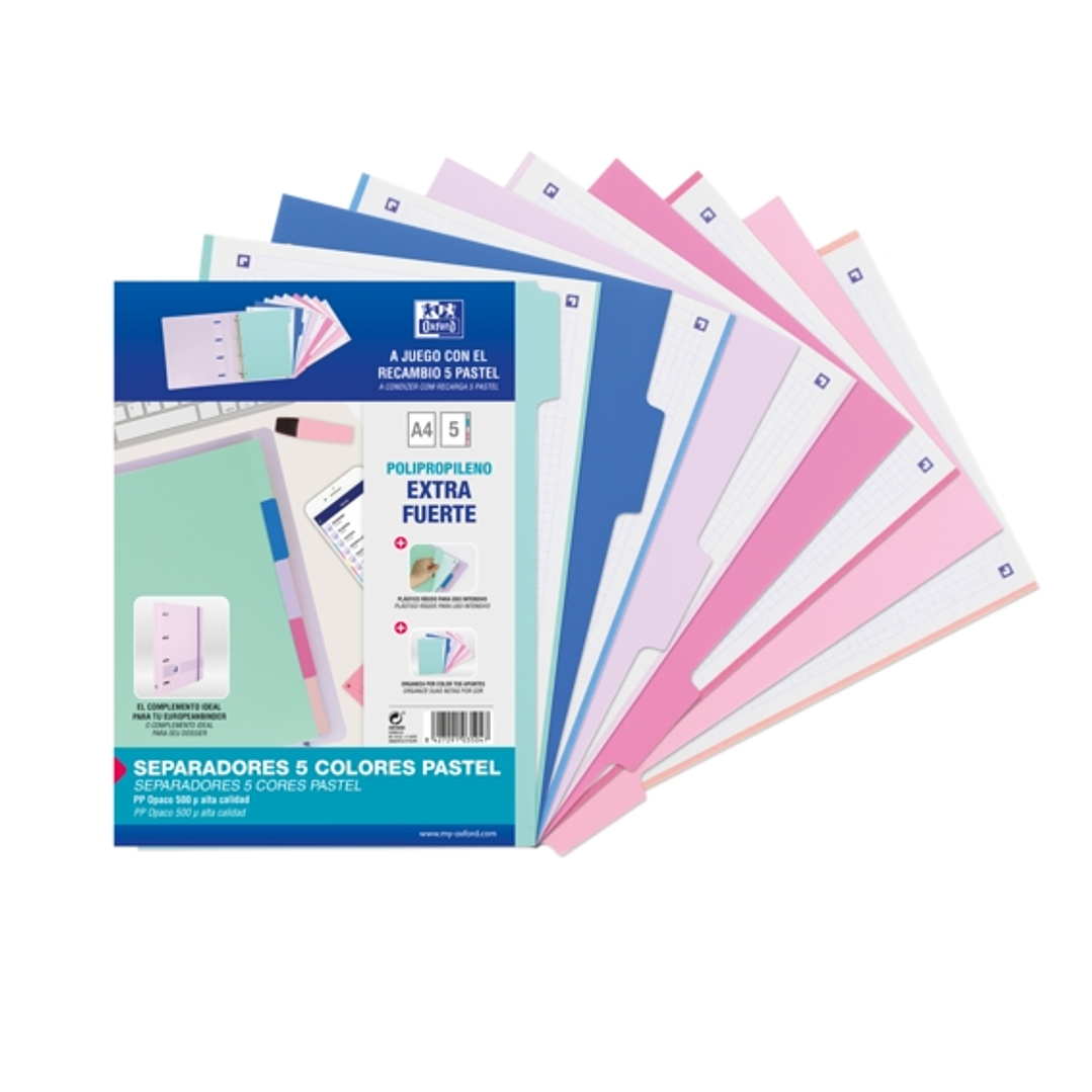 Oxford Strongline A4 Separadores 5 Posiciones - Plastico Opaco Resistente - 4 Taladros para Facil Colocacion - Grosor de 500 Micras - Tamaño Estandar  1