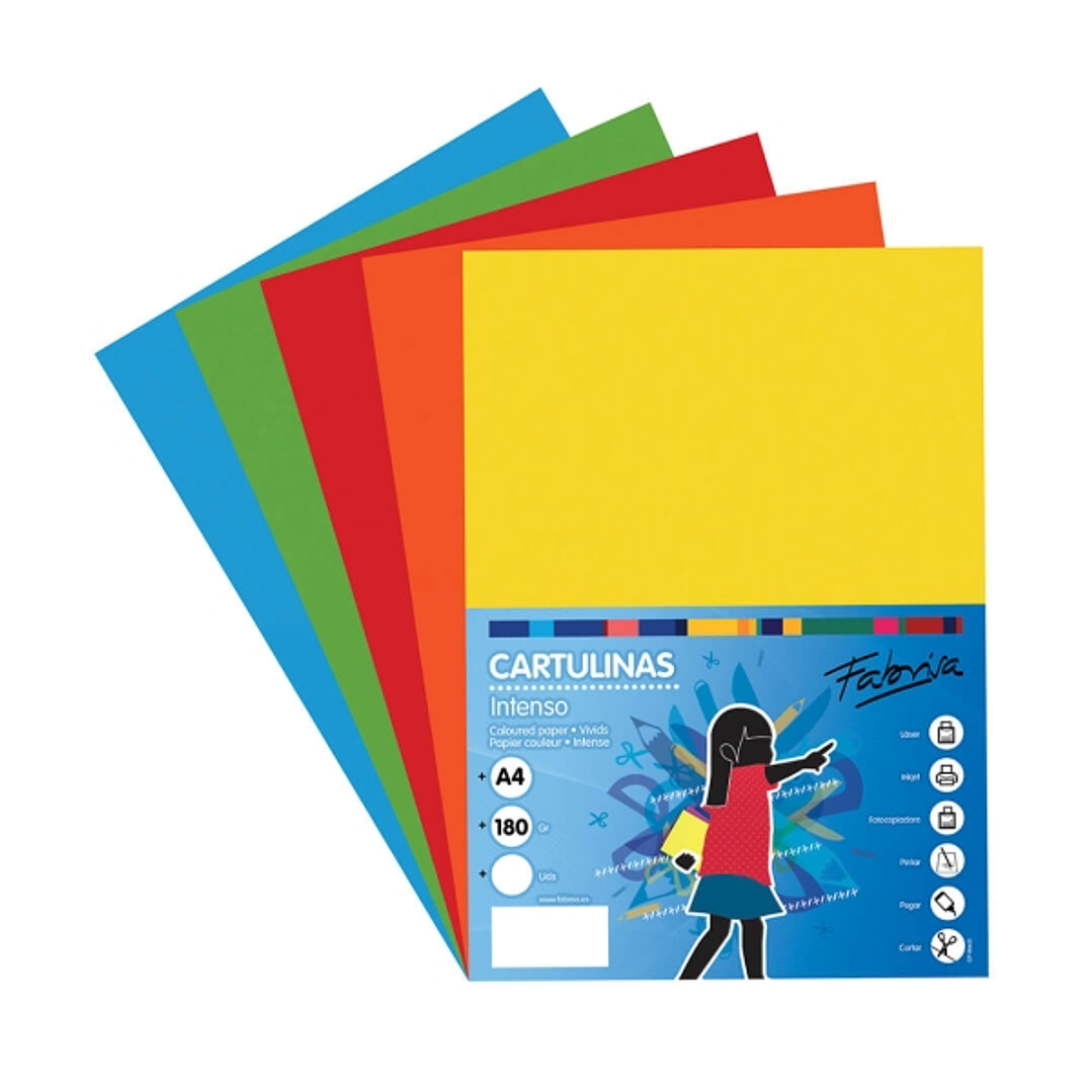 Fabrisa Pack de 50 Cartulinas 180 g/m² - Tamaño A4 - Colores Fuertes Surtidos 1