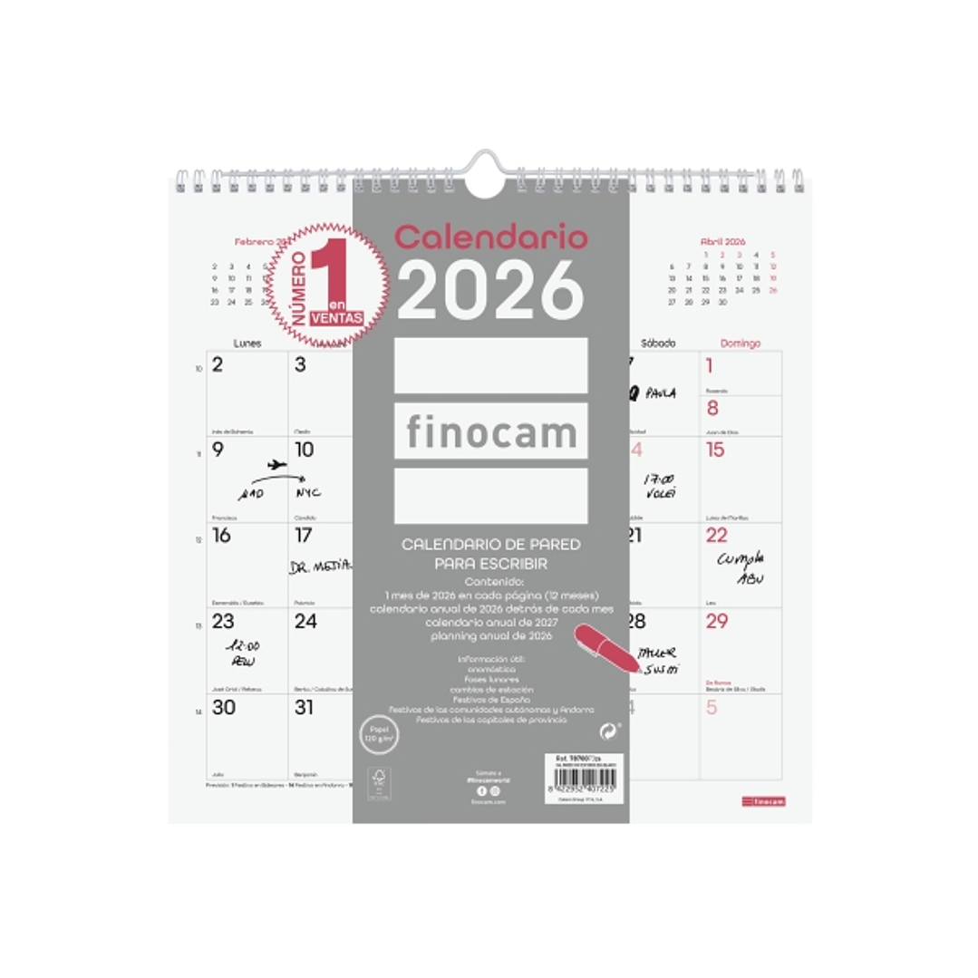 Finocam Chic Calendario de Pared - Anual 2026 - 300x5x310mm - Espacio para Escribir - Color Blanco 1