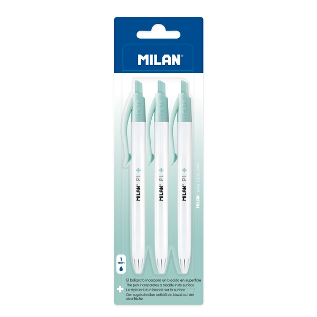Milan P1 + Pack de 3 Boligrafos de Bola Retractiles - Tinta Azul - Punta Redonda 1mm - Superficie Antibacteriana - Color Blanco 1