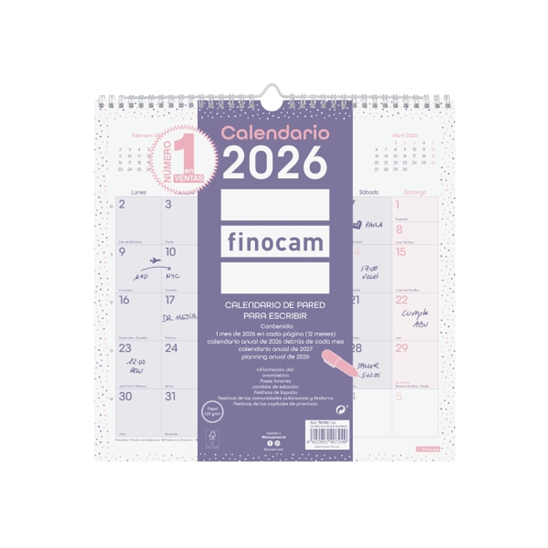 Finocam Chic Calendario de Pared - Anual 2026 - 300x5x310mm - Espacio para Escribir - Color Morado 1