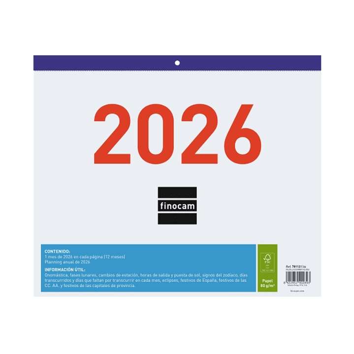 Finocam Calendario Faldilla - Anual 2026 - Formato F43 - 300x3x247mm - Espacio para Escribir - Color Blanco y Azul 1
