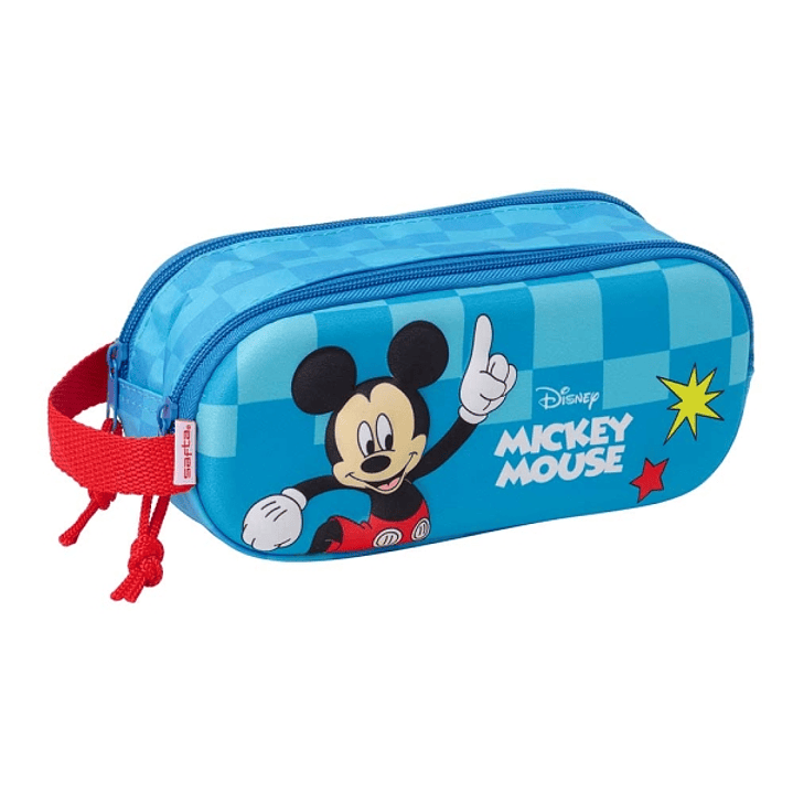 Safta Mickey Mouse Estuche Portatodo 3D de 1L - 2 Compartimentos - Cierre de Cremallera - Asa de Mano - 21x8x6cm - Color Rojo y Azul 1