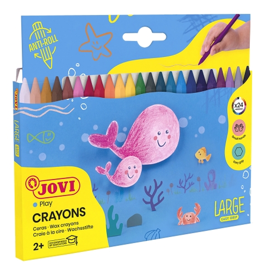 Jovi Large Easy Grip Pack de 24 Ceras Plasticas Hexagonales - Facil de Sacar Punta - No Mancha - Ideal para Manos Pequeñas - Colores Surtidos 1