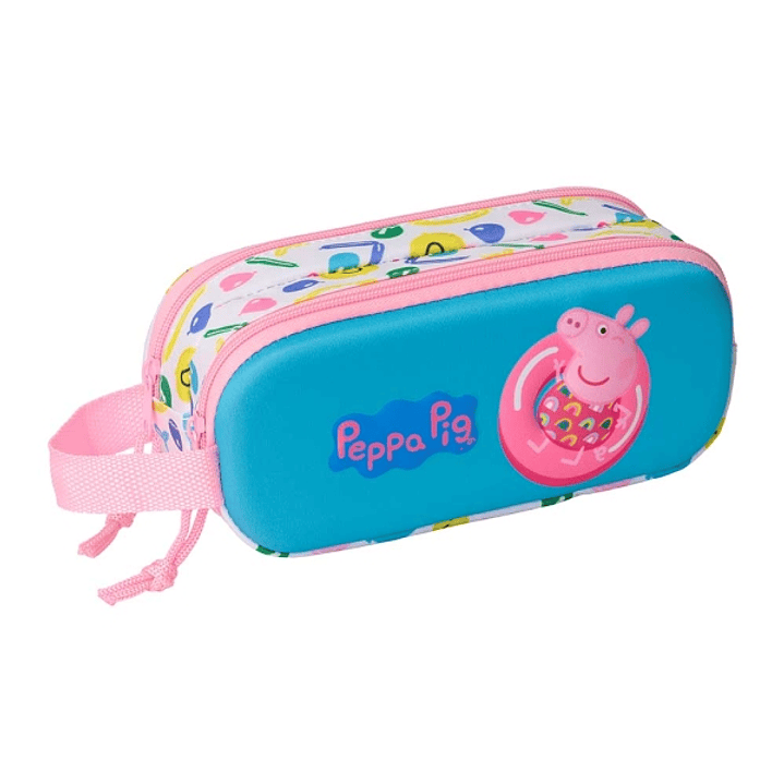 Safta Peppa Pig Estuche Portatodo 3D de 1L - 2 Compartimentos - Cierre de Cremallera - Asa de Mano - 21x8x6cm - Color Blanco y Azul 1