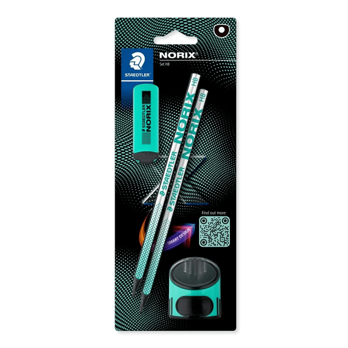 Staedtler Norix Pack de 2 Lapices de Grafito HB + Borrador + Sacapuntas - Madera Negra - Diseño Inteligente 1