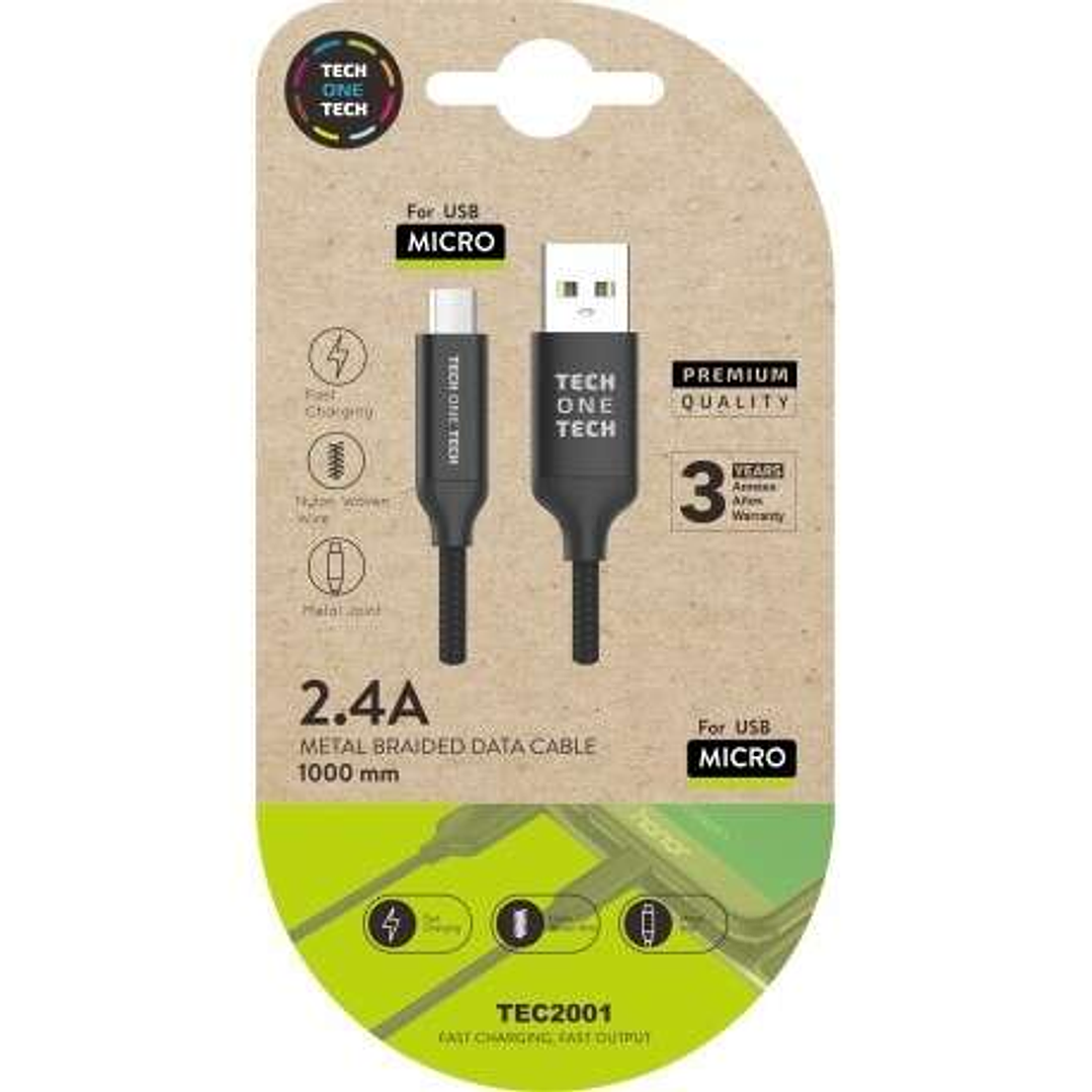 TechOneTech Cable USB-A Macho a Micro-USB Macho 1m - Recubierto de Nylon Trenzado 1