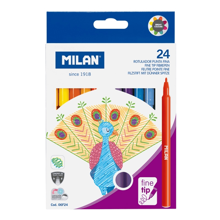 Milan Pack de 24 Rotuladores - Tinta al Agua - Punta Fina 2mm - 154mm - Colores Surtidos 1