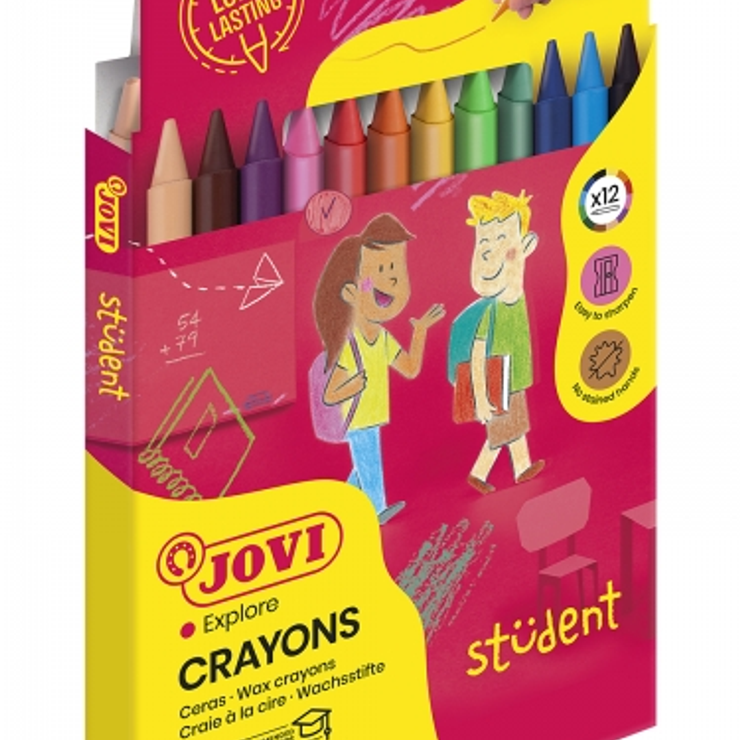 Jovi Crayons Student Estuche de 12 Ceras Plasticas - Resistentes - No Manchan - Agradables de Rayar - Acabado Brillante - Gran Duracion - Colores Mezc 1