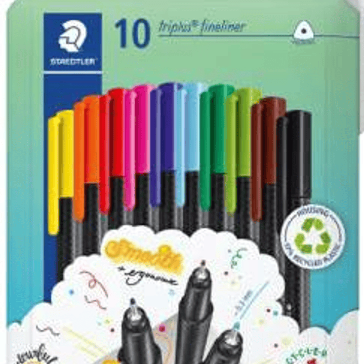 Staedtler Triplus Fineliner 334 Pack de 10 Rotuladores de Punta Fina en Envase de Carton - Trazo de 0.3mm Aprox - Diseño Ergonomico - Tinta Base de Ag 1