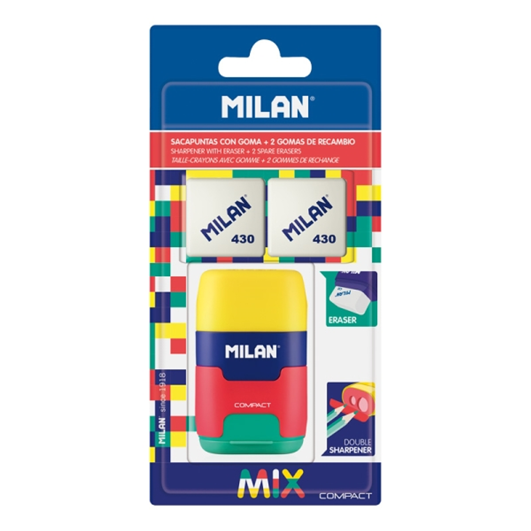 Milan Compact Mix Afilaborra - 2 Gomas de Recambio - Cuchilla de Acero de Seguridad - Doble Agujero para Normal y Maxi - Colores Surtidos 1