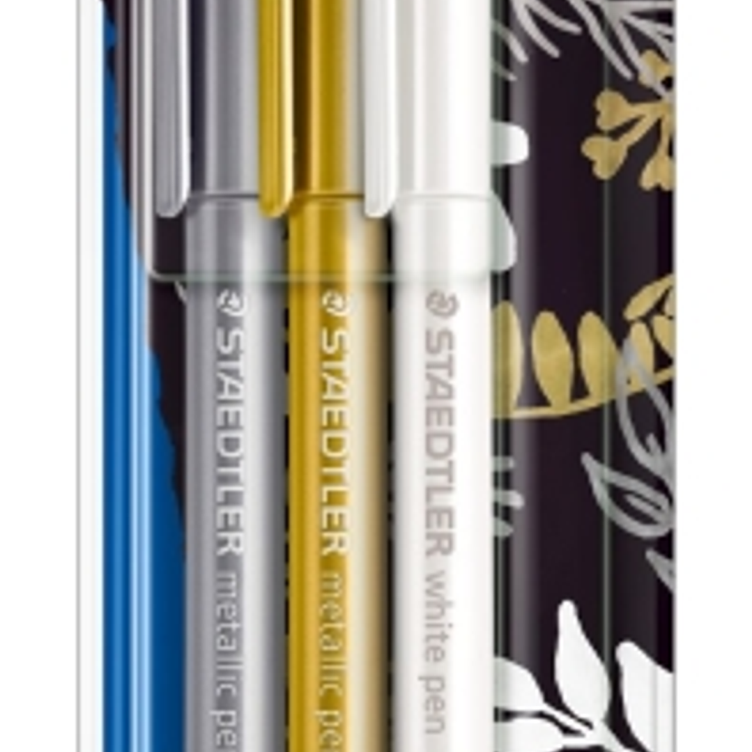 Staedtler Metallic Pen Pack de 3 Rotuladores de Punta Fina - Trazo 1 - 2mm - Tinta Base de Agua - Colores Blanco, Oro y Plata 1