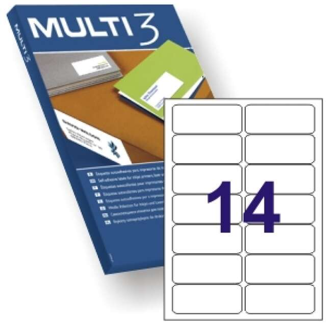 Multi3 Pack de 1400 Etiquetas Blancas Cantos Redondeados Tamaño 99,1x38,1mm - Adhesivo Permanente - Aptas para Impresion Ink-jet y Laser 1