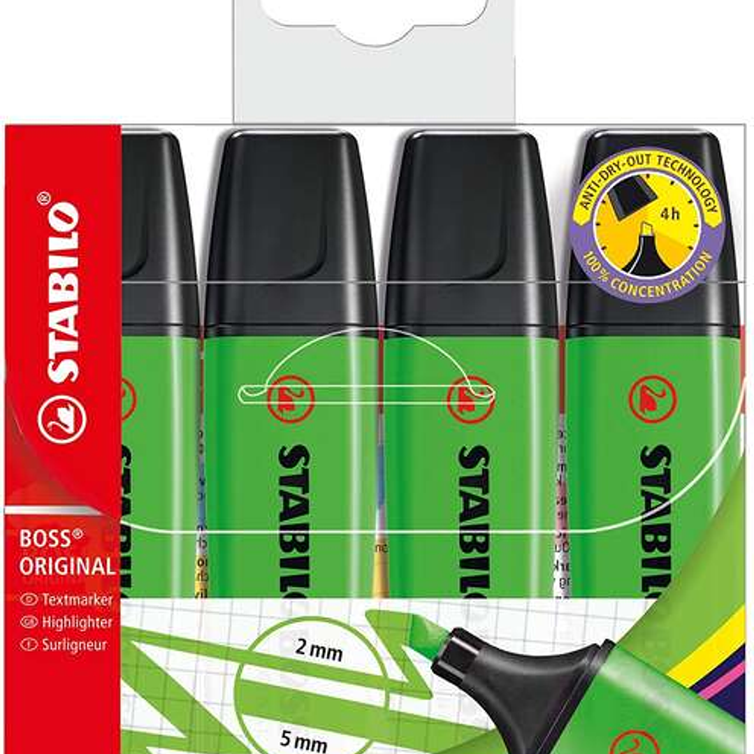 Stabilo Boss 70 Pack de 4 Marcadores Fluorescentes - Trazo entre 2 y 5mm - Recargable - Tinta con Base de Agua - Color Verde 1