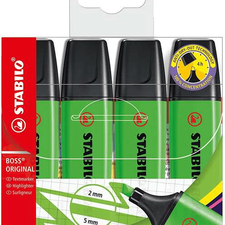 Stabilo Boss 70 Pack de 4 Marcadores Fluorescentes - Trazo entre 2 y 5mm - Recargable - Tinta con Base de Agua - Color Verde 1