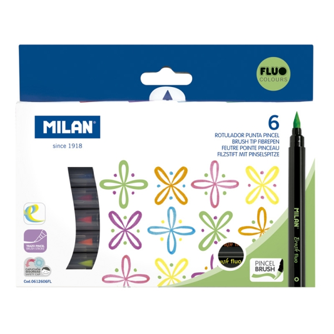 Milan Fluo Pack de 6 Rotuladores Punta Pincel Colores Fluo - Tinta al Agua - Punta de Pincel 0.5 a 6mm - Colores Fluorescentes Surtidos 1