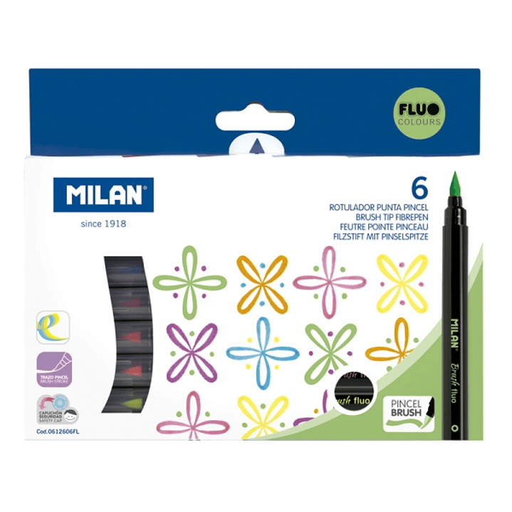 Milan Fluo Pack de 6 Rotuladores Punta Pincel Colores Fluo - Tinta al Agua - Punta de Pincel 0.5 a 6mm - Colores Fluorescentes Surtidos 1