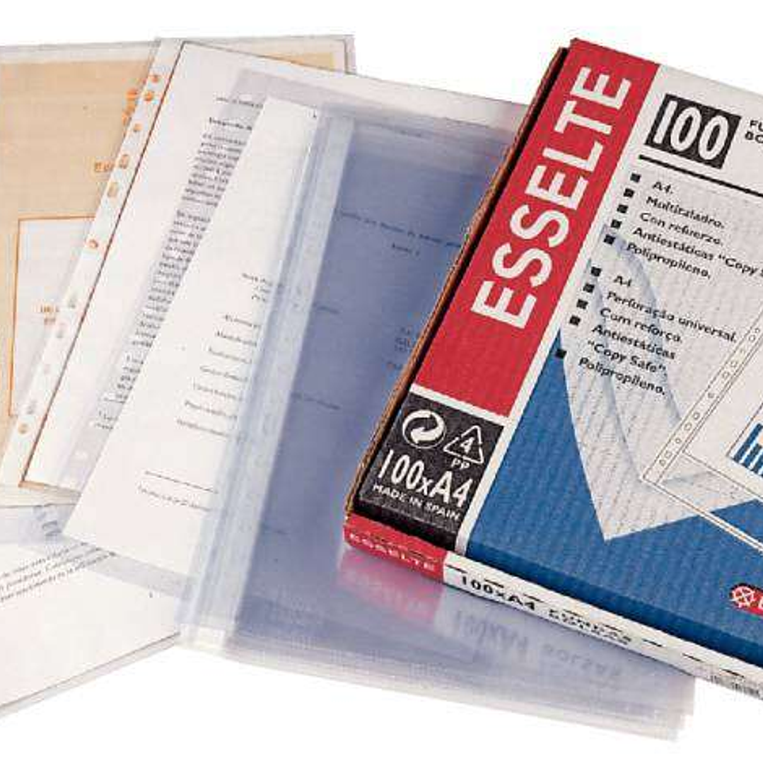 Esselte Caja de 100 Fundas Porta Documentos Multitaladro-16 - Tamaño Folio - Cristal Liso Calidad Estandar - Transparente 1