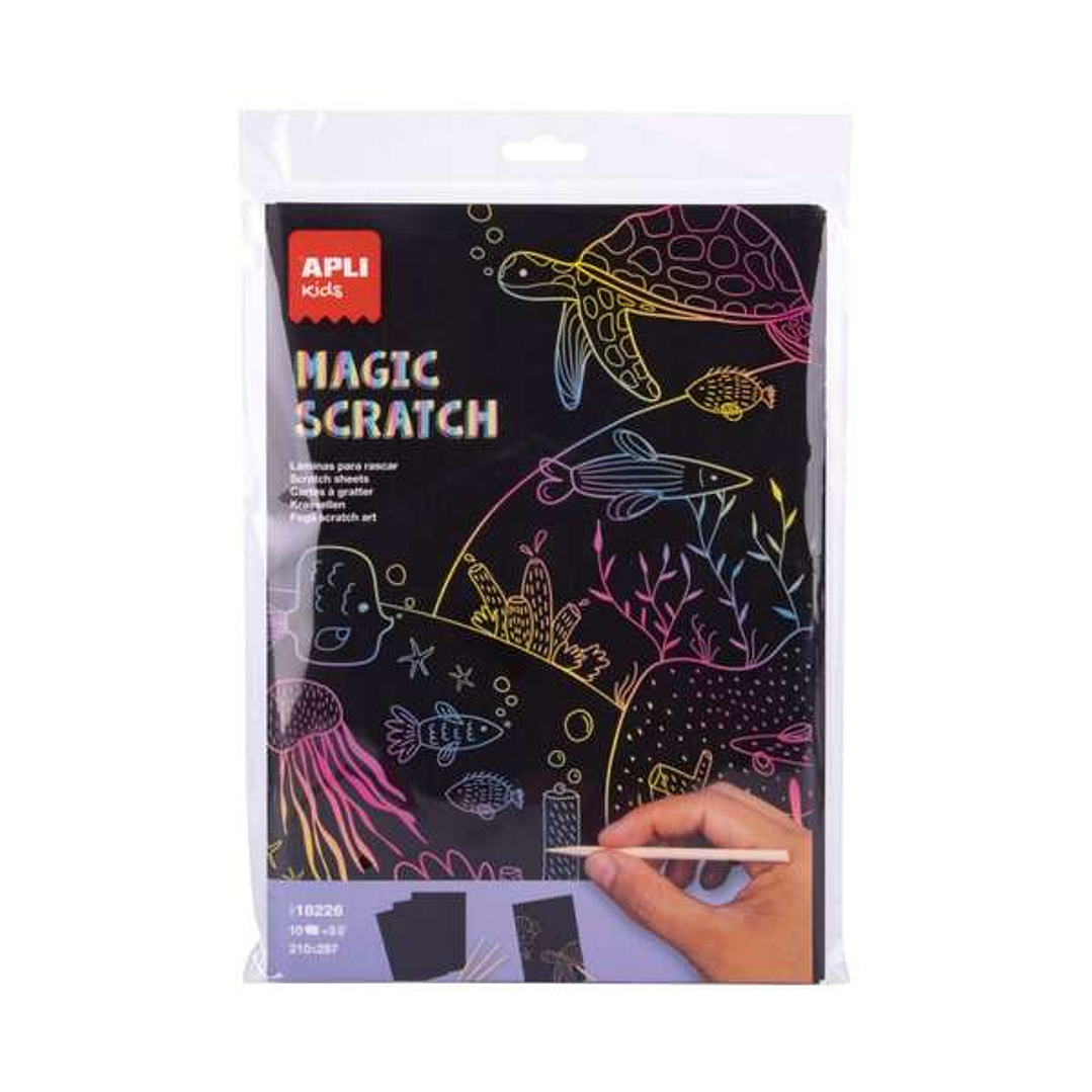 Apli Magic Scratch Laminas para Rascar - Tamaño A4 - 10 Hojas, 5 Herramientas - Distintos Colores de Fondo 1