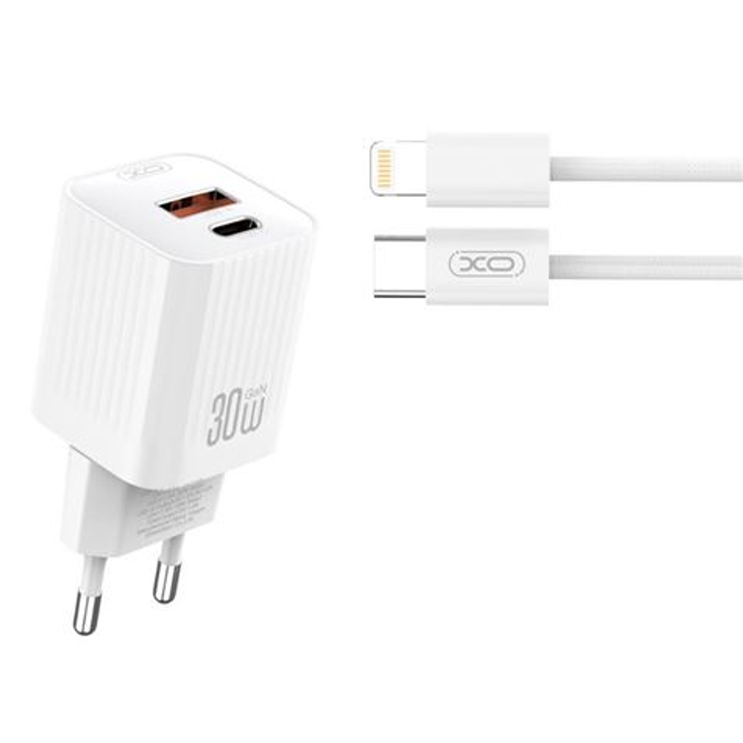 XO L149 Cargador de Corriente 30W - USB-A y USB-C - Alto Rendimiento - Incluye Cable USB-C a Lightning - Color Blanco 1