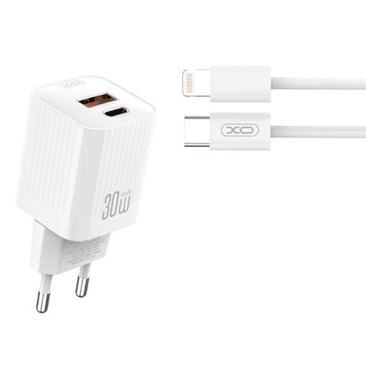 XO L149 Cargador de Corriente 30W - USB-A y USB-C - Alto Rendimiento - Incluye Cable USB-C a Lightning - Color Blanco 1