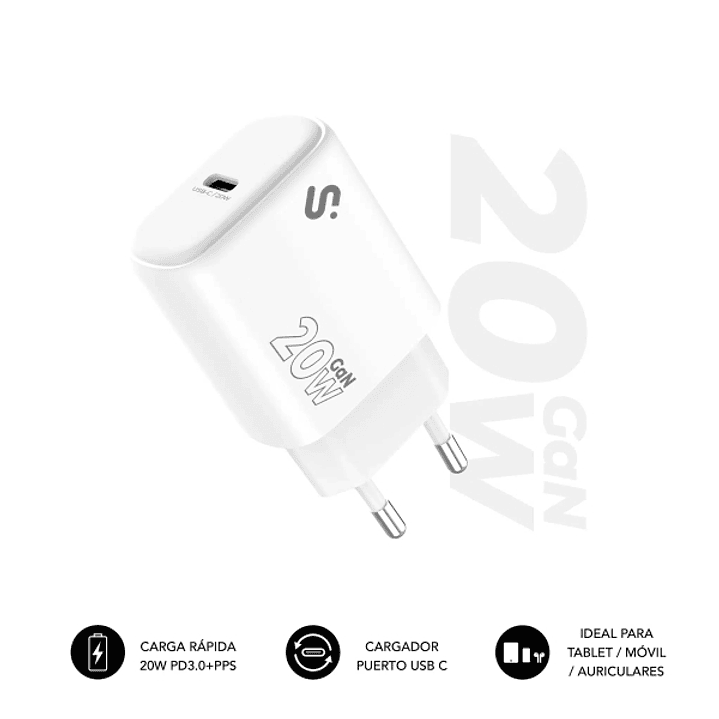 Subblim Cargador de Pared GaN 20W - USB-C -  Carga rápida - Color Blanco 1