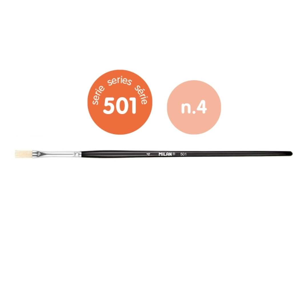 Milan 501 Pack de 6 Pinceles Planos Numero 4 - Bolsa con Colgador - Cerda Natural - Color Negro 1