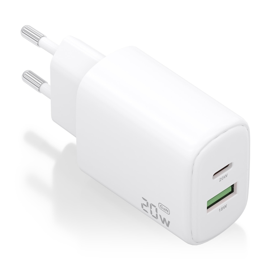 Aisens Cargador GaN 20W - 1xUSB-C PD3.0 - 1xUSB-A QC3.0 - Color Blanco 1
