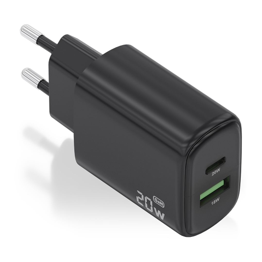 Aisens Cargador GaN 20W - 1xUSB-C PD3.0 - 1xUSB-A QC3.0 - Color Negro 1