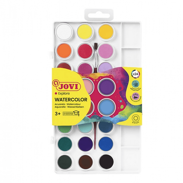 Jovi Pack de 24 Acuarelas en Pastilla 22mm + Pincel - Brillantes - Facilmente Mezclables - Colores Surtidos 1