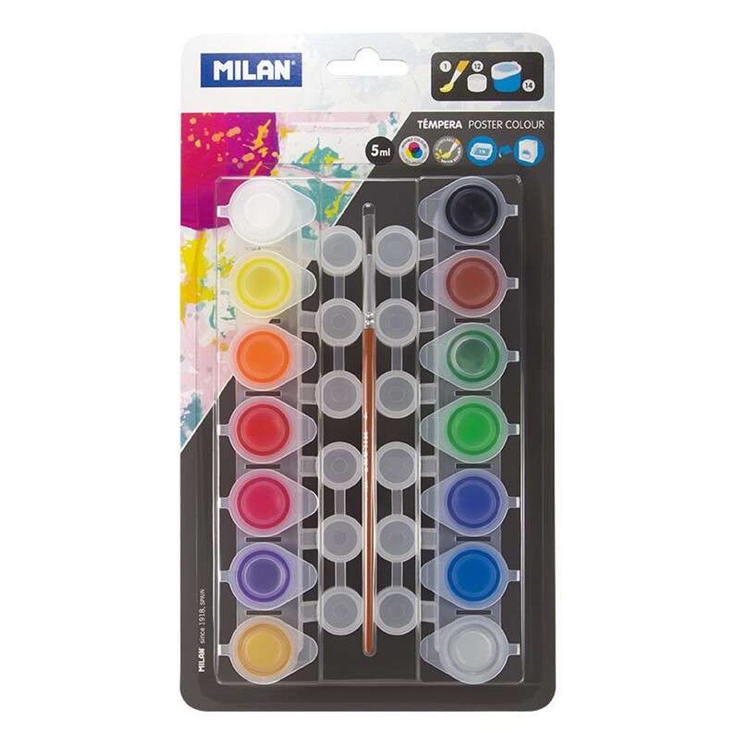 Milan Pack de 14 Tarros de Tempera 5 ml + 12 Botes para Mezclas + 1 Pincel Serie 101 - Secado Rapido - Mezclable - Colores Surtidos 1