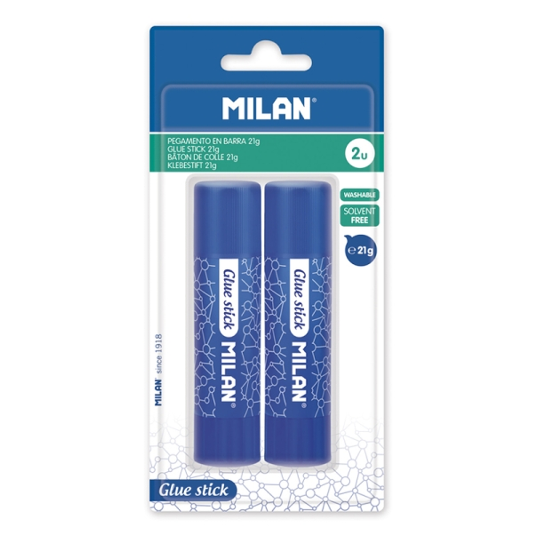 Milan Pack de 2 Barras de Pegamento 21 g - Multiusos - Multisuperficies - Sin Disolventes - Uso Escolar - Color Azul 1