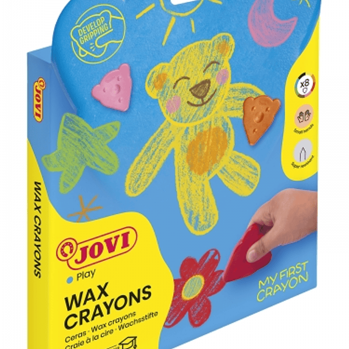 Jovi My First Crayon Estuche de 8 Ceras con Forma de Oso - Resistentes - No Manchan - Diseño Ergonomico - Fomenta El Correcto Agarre - Trazos Finos y  1