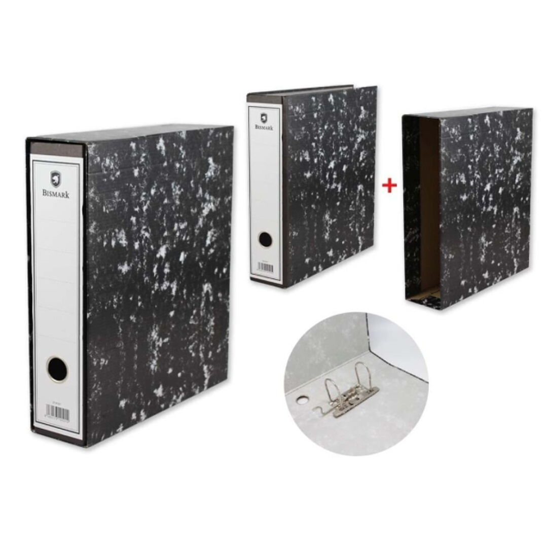 Bismark Archivador A-Z Jaspeado A4 con Funda - Lomo 75mm - Carton Forrado - Tarjetero en el Lomo - Mecanismo de Palanca - Color Negro Jaspeado 1