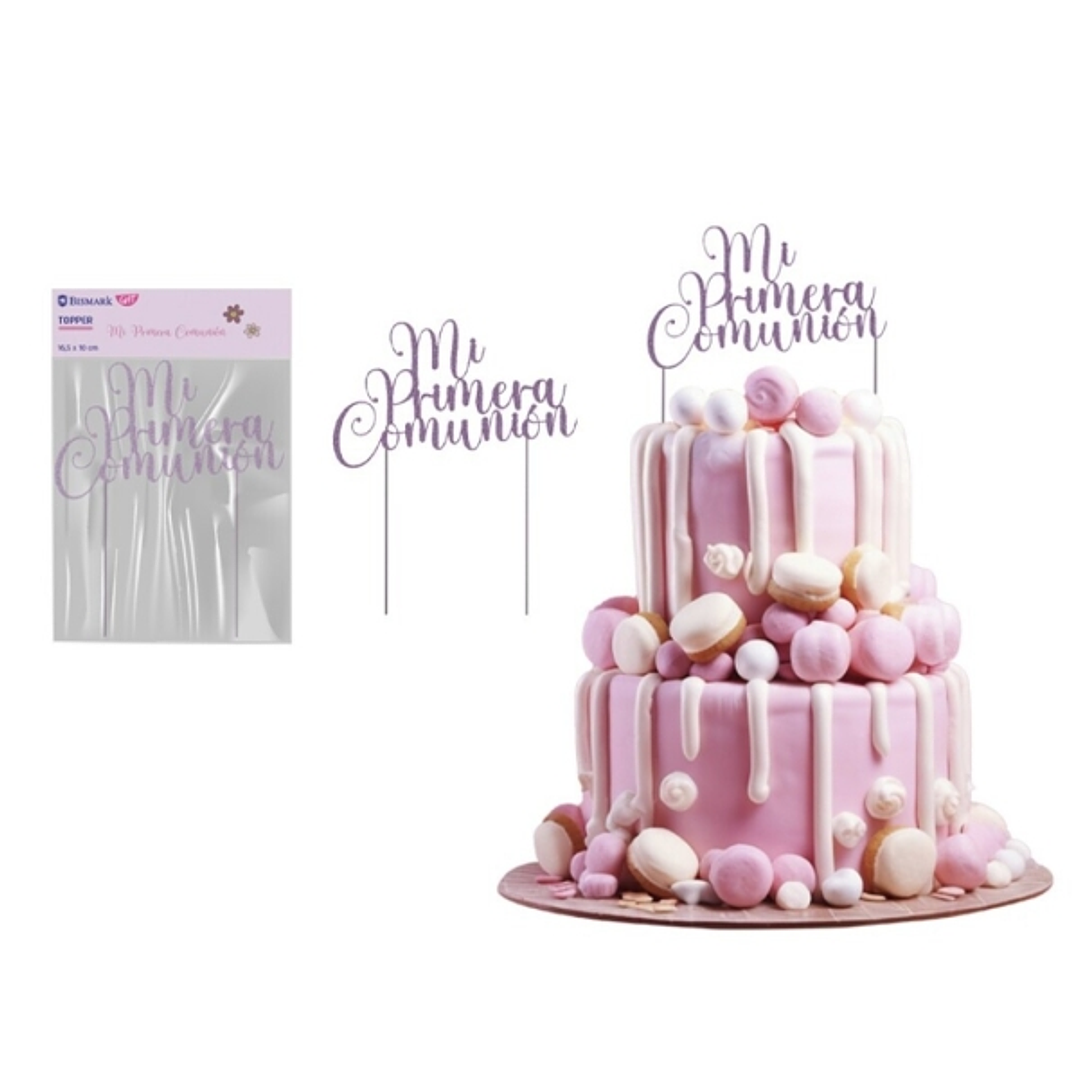 Bismark Topper Primera Comunion para Tarta - Material Acrilico Efecto Glitter - Color Lila 1